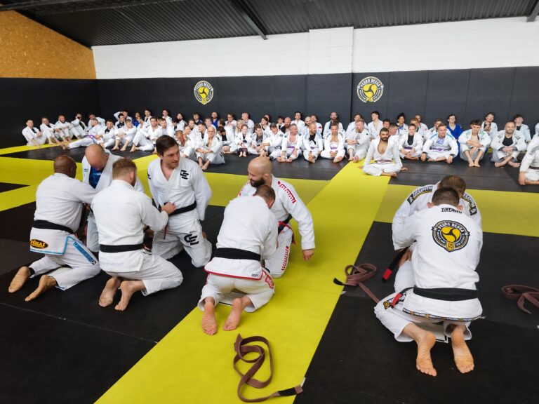 Students drill Brazilian jiu-jitsu positions in class.