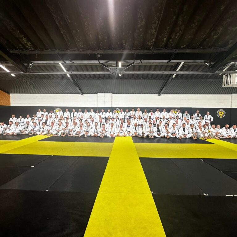 Students practise Brazilian jiu-jitsu during a group class.